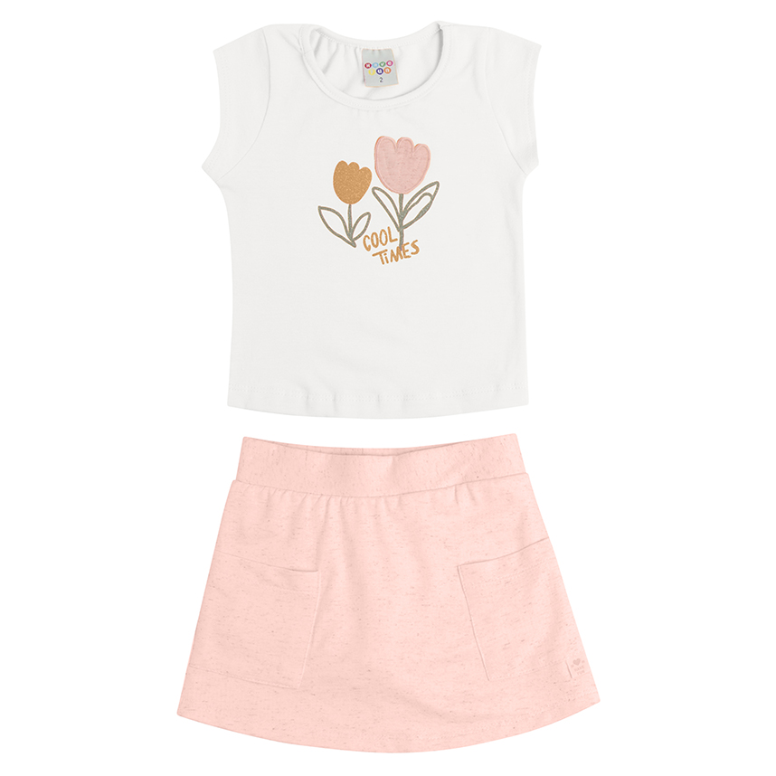 Conjunto Infantil Have Fun Blusa Cavada Estampa Flor e Short Saia