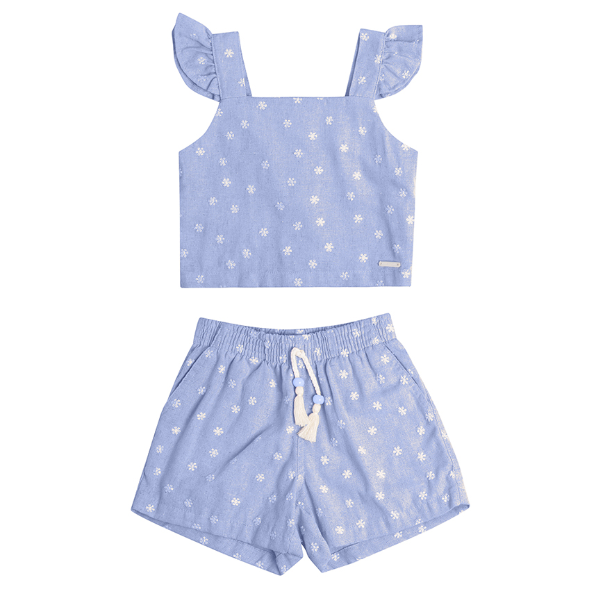 Conjunto Infantil Have Fun Blusa Alça Bordado Flores e Short