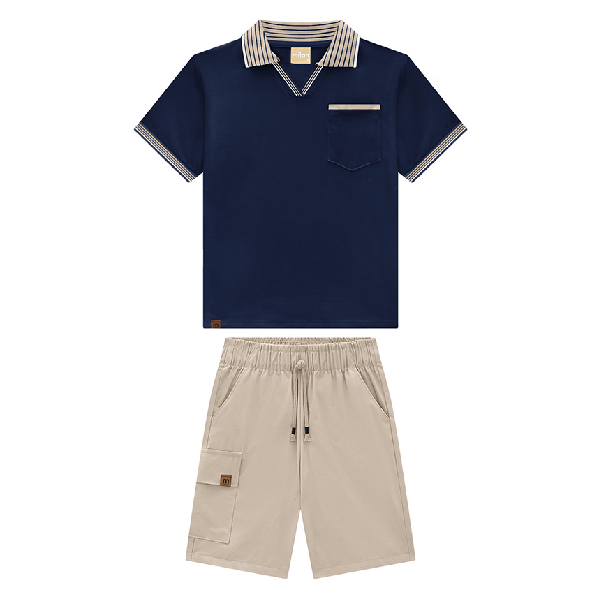Conjunto Infantil Milon Camiseta Gola Polo Listras E Bermuda