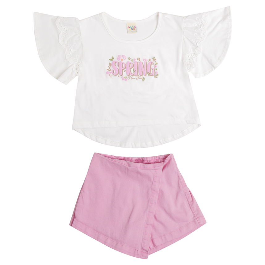 Conjunto Infantil Have Fun Blusa Estampa Spring e Short Saia