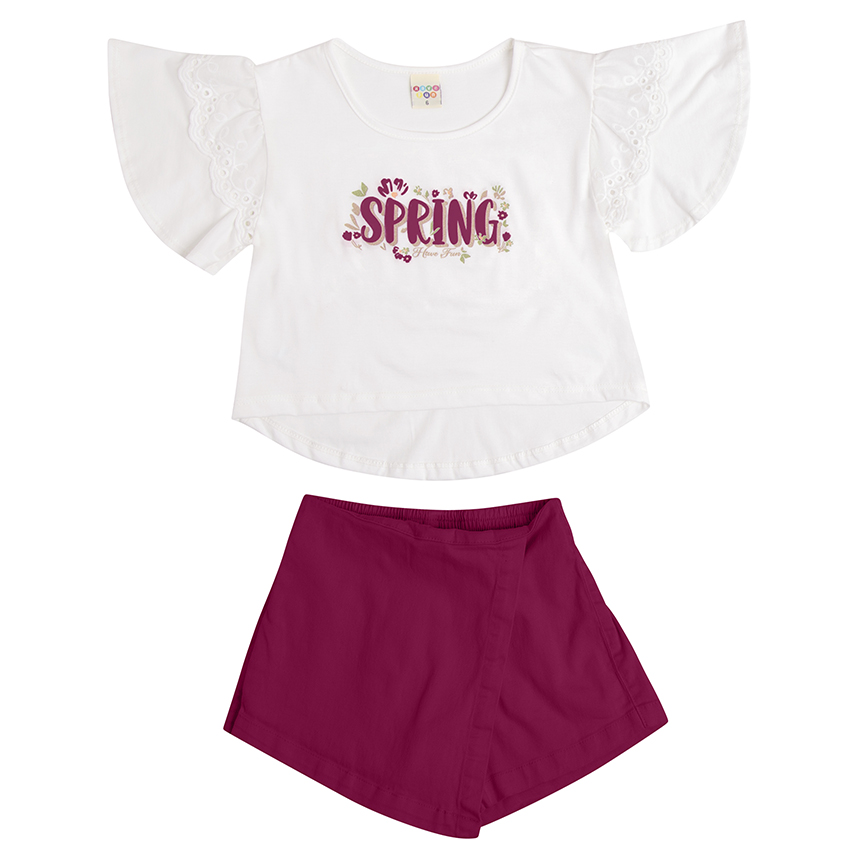 Conjunto Infantil Have Fun Blusa Estampa Spring e Short Saia
