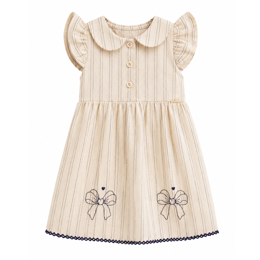 Vestido Bebê Kiki Tricoline Listrado Bordado Laço