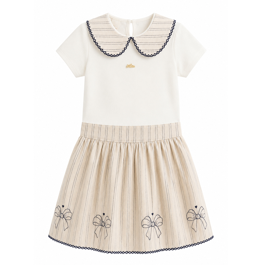 Conjunto Infantil Kiki Body com Gola e Saia Bordado Laço