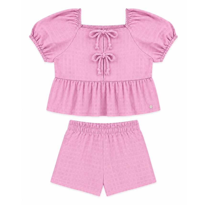 Conjunto Juvenil Menina Anjo Blusa Manga Bufante Laço e Short