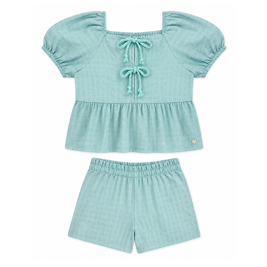 Conjunto Juvenil Menina Anjo Blusa Manga Bufante Laço e Short