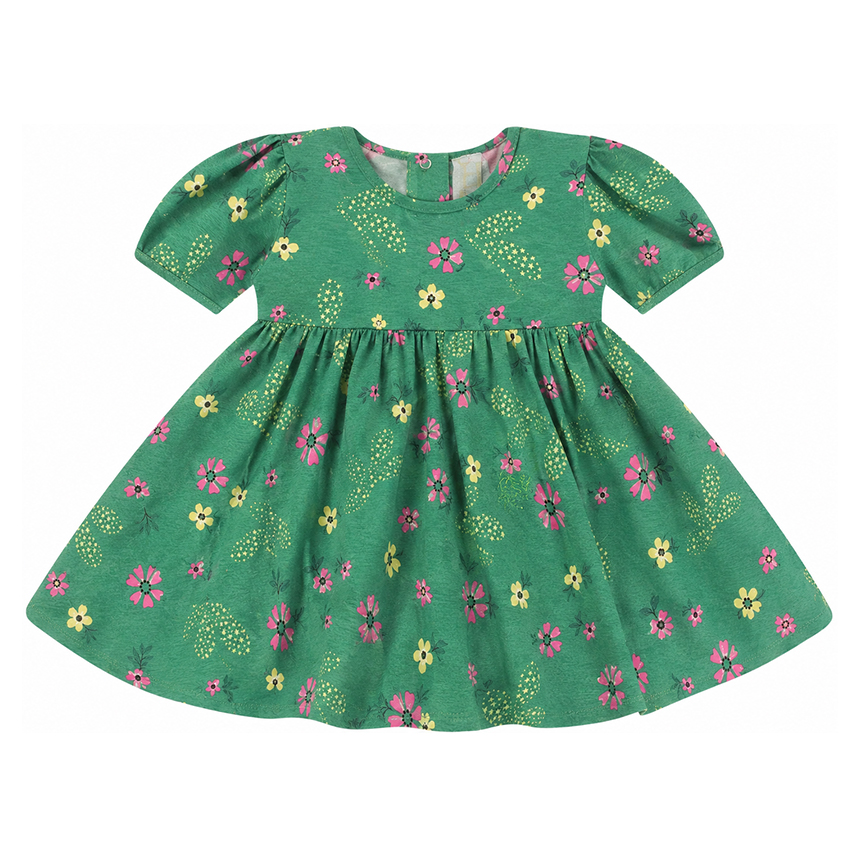 Vestido Bebê Hrradinhos Manga Curta Estampa Flor Gola Renda
