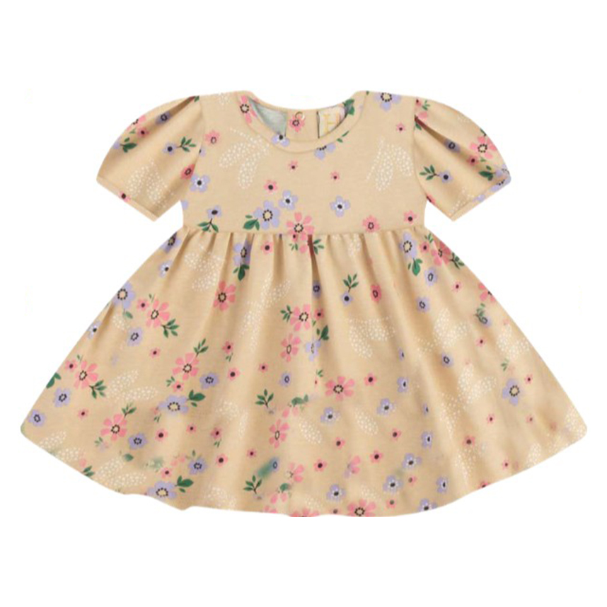 Vestido Bebê Hrradinhos Manga Curta Estampa Flor Gola Renda