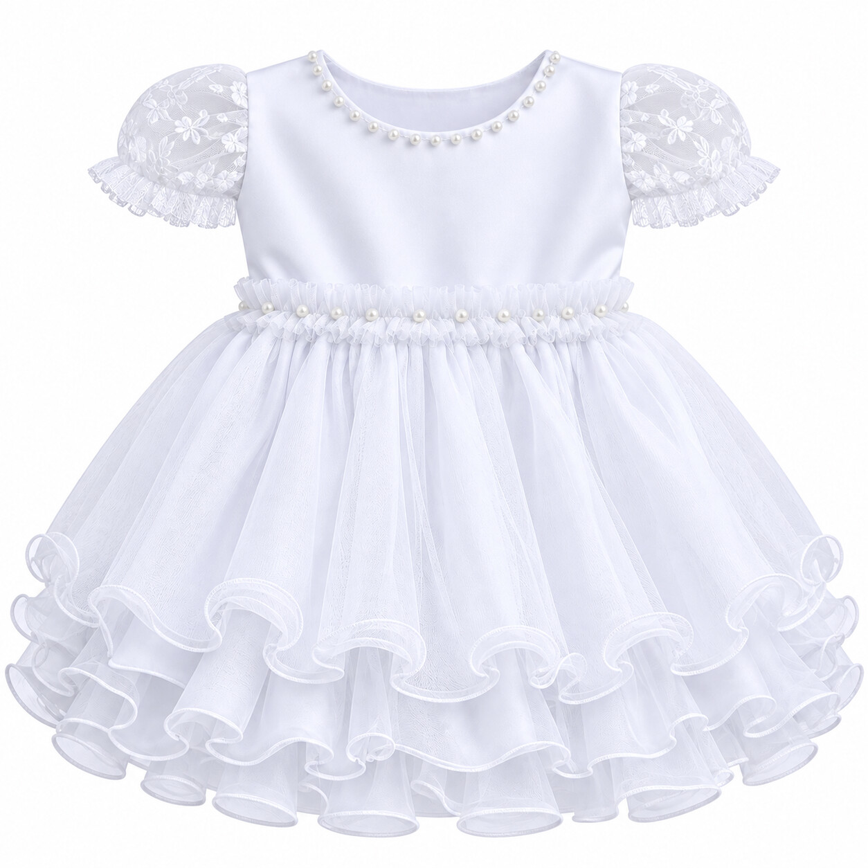 Vestido Bebê Nelu Manga Curta Aplique Pérola Frufru Cinto
