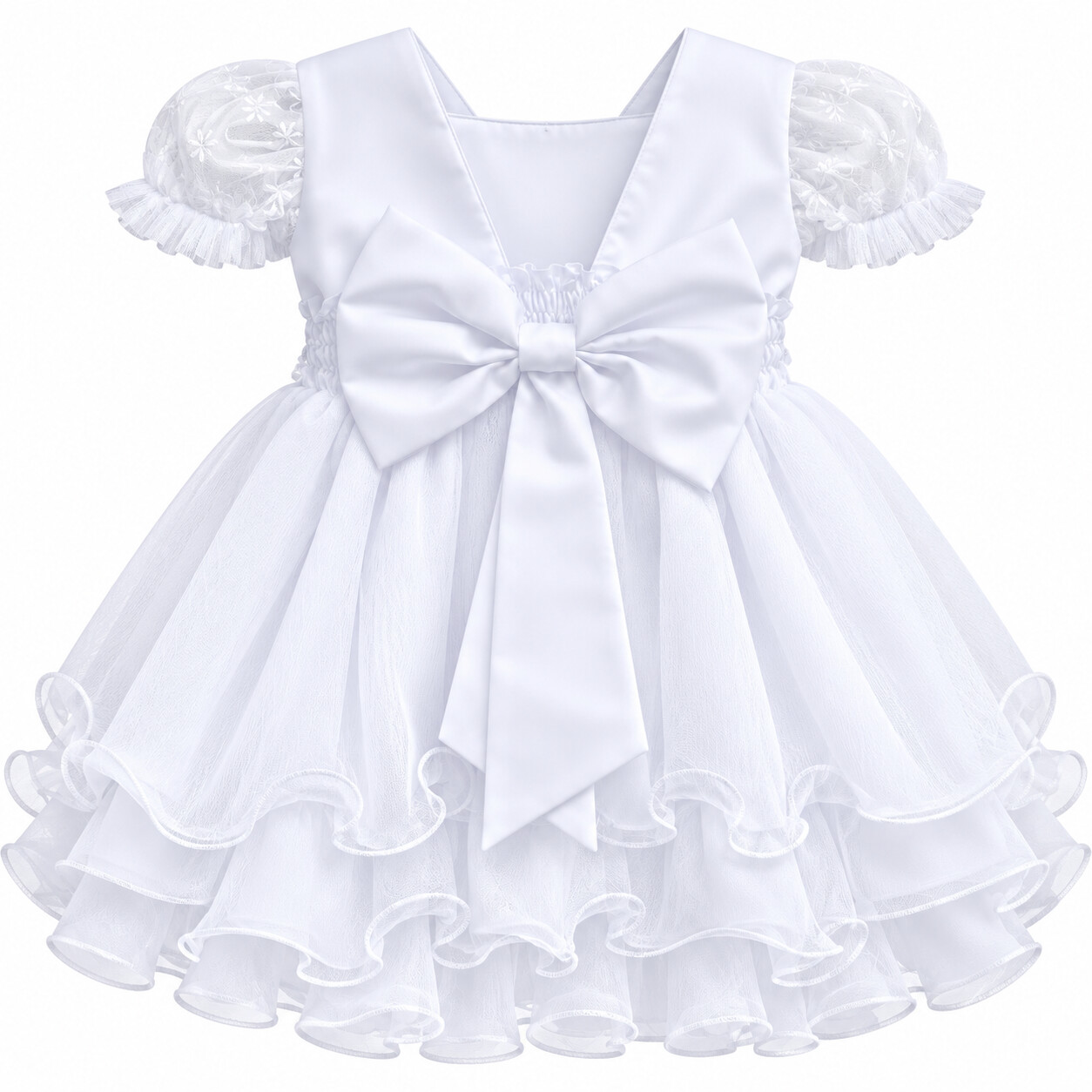 Vestido Bebê Nelu Manga Curta Aplique Pérola Frufru Cinto
