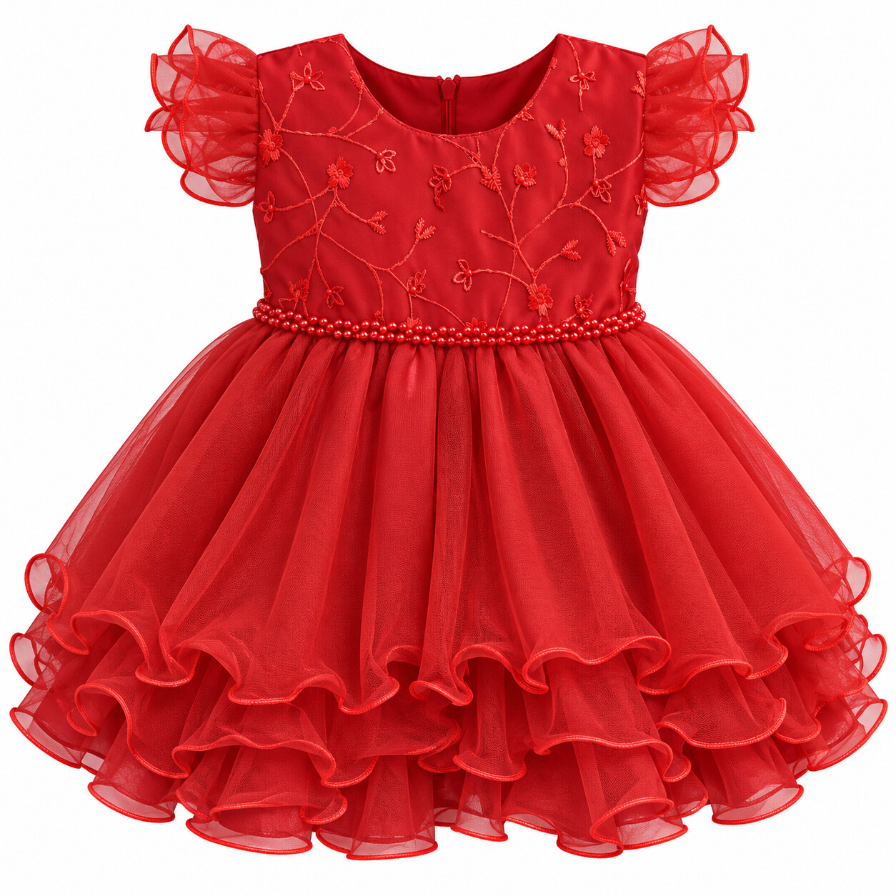 Vestido Bebê Nelu Manga Curta Bordado Flor e Cinto Pérola