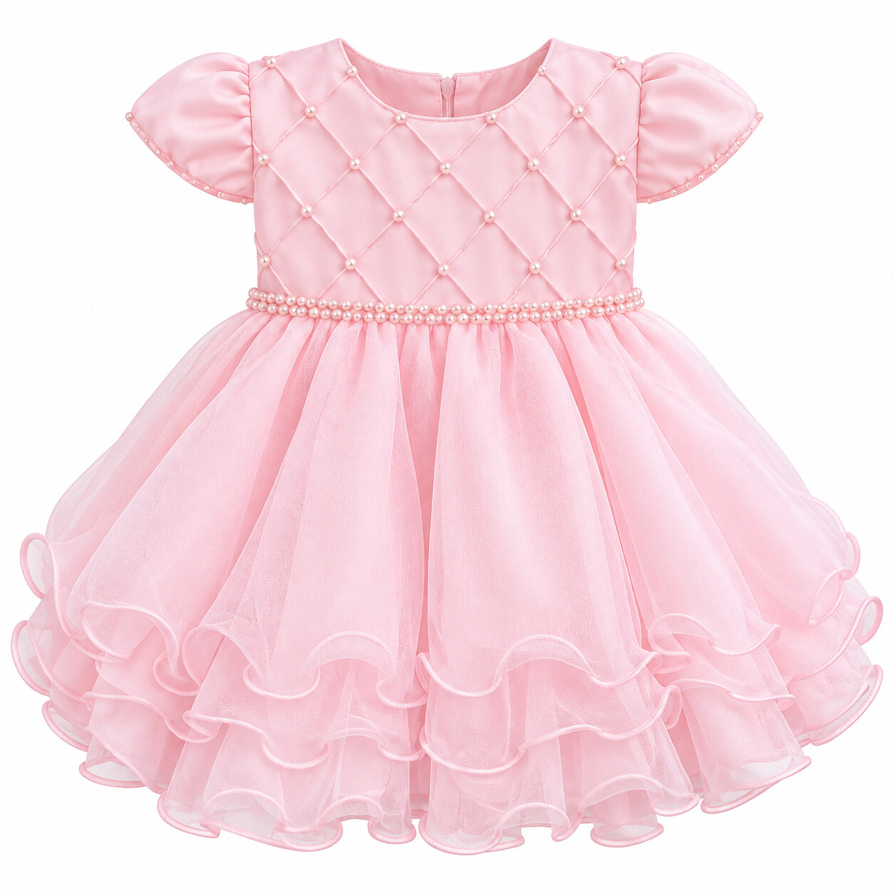 Vestido Bebê Nelu Pala Nervura Aplique Pérolas Saia Voil