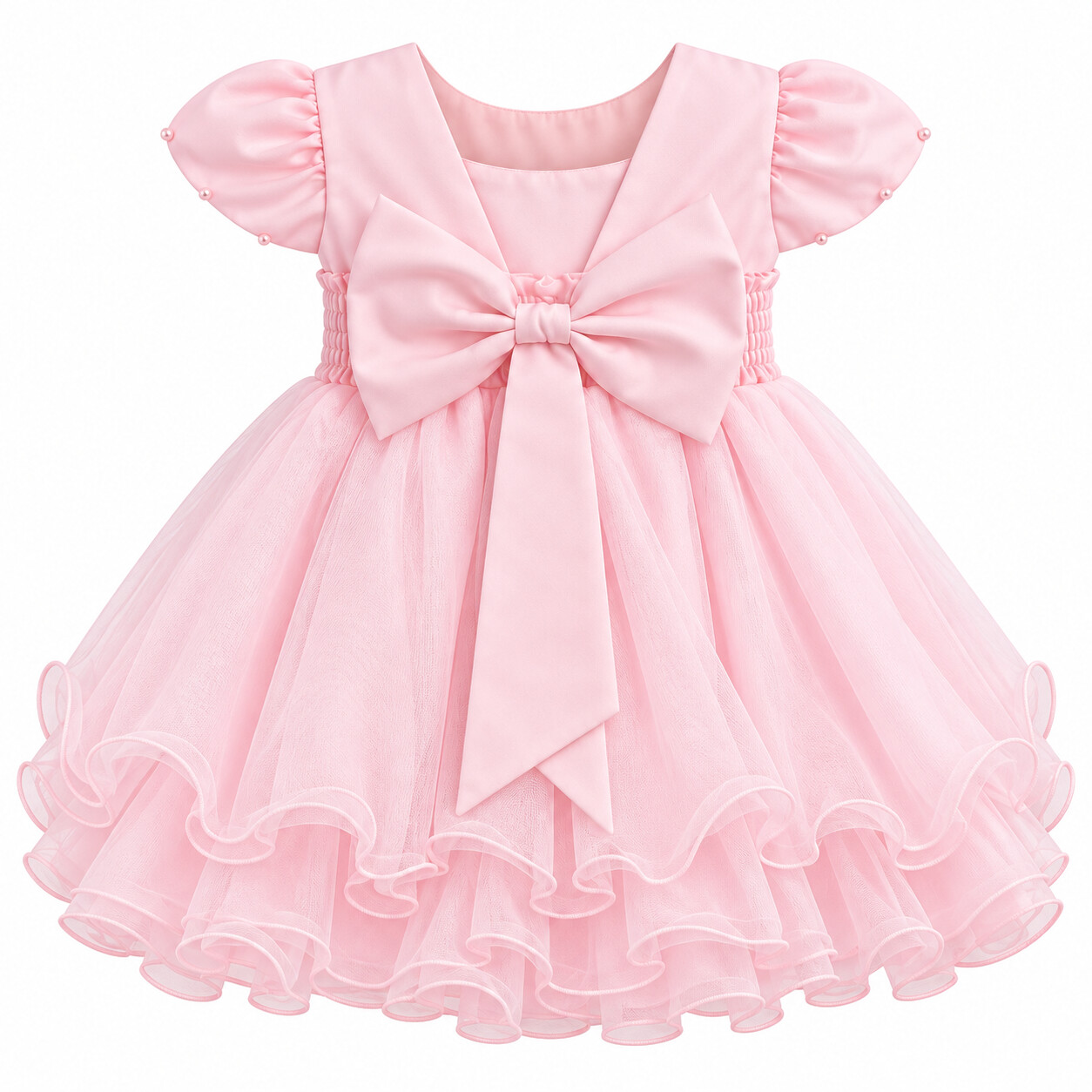 Vestido Bebê Nelu Pala Nervura Aplique Pérolas Saia Voil