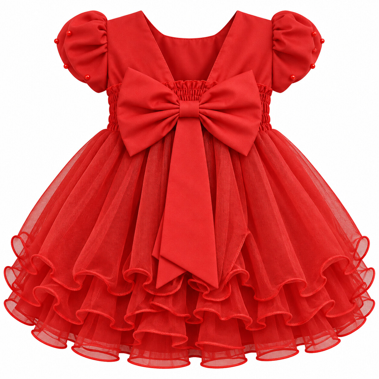 Vestido Bebê Nelu Pala Nervura Aplique Pérolas Saia Voil