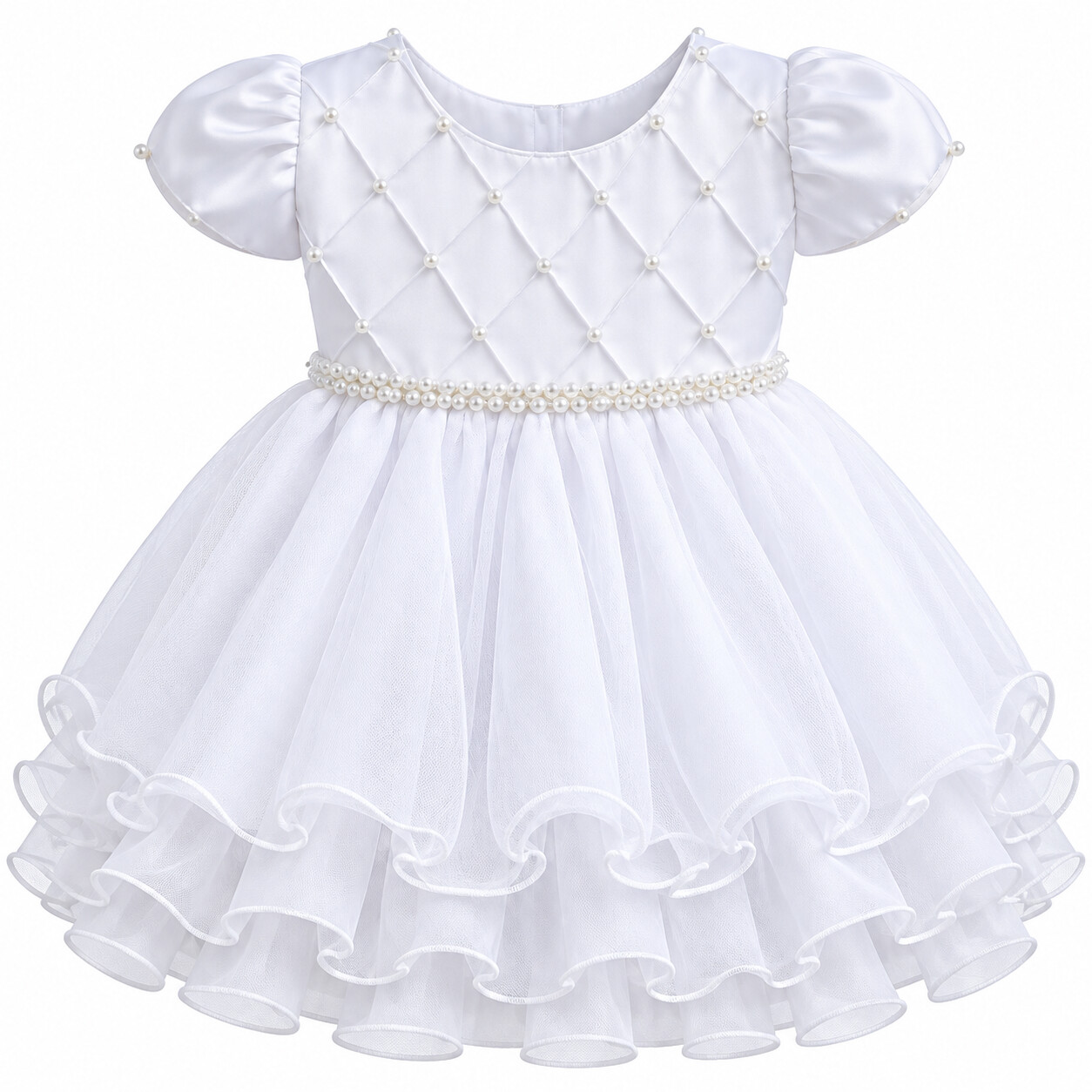 Vestido Bebê Nelu Pala Nervura Aplique Pérolas Saia Voil