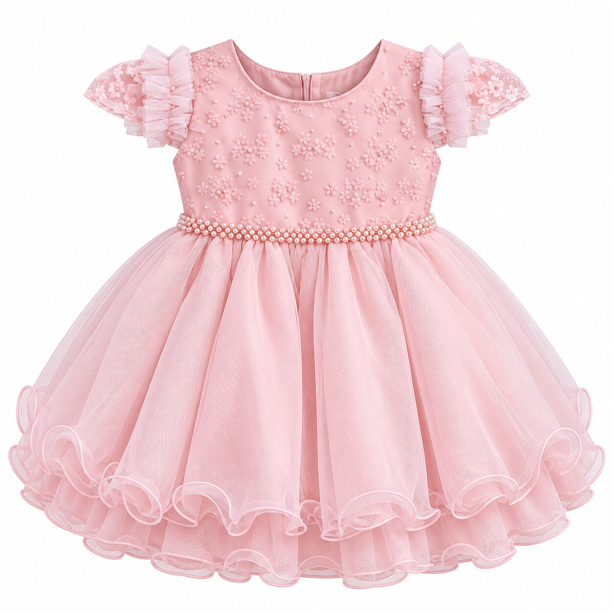 Vestido Bebê Nelu Manga Curta Bordado Flor e Cinto Pérola