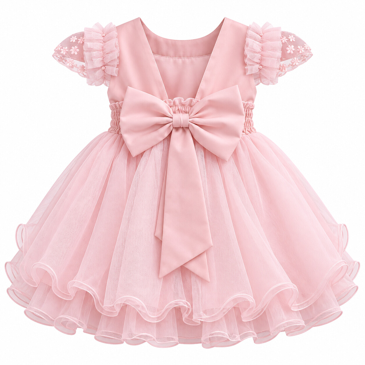 Vestido Bebê Nelu Manga Curta Bordado Flor e Cinto Pérola