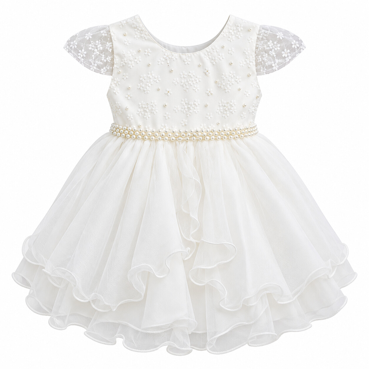 Vestido Infantil Nelu Pala Nervura Aplique Pérolas Saia Voil