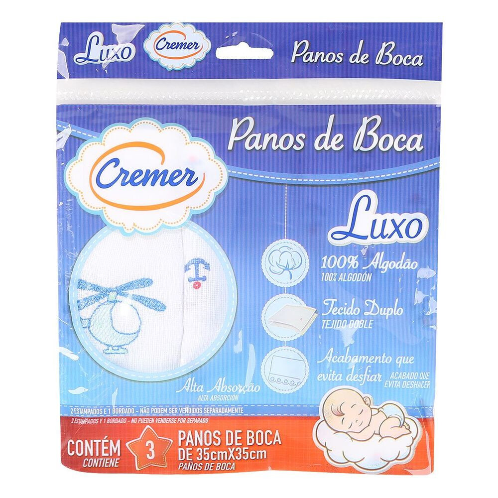 Pano de Boca Luxo Cremer 03 Unidades Tecido Flanelado Azul
