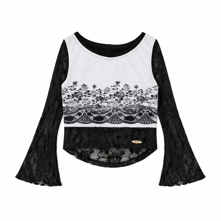 Blusa Nats Manga Longa Renda Frontal Com Estampa