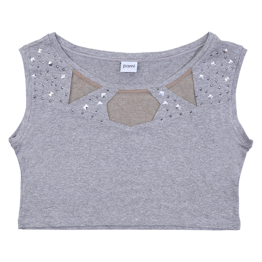 Blusa Pami Cropped Manga Curta Tulê Aplicação De Pedras