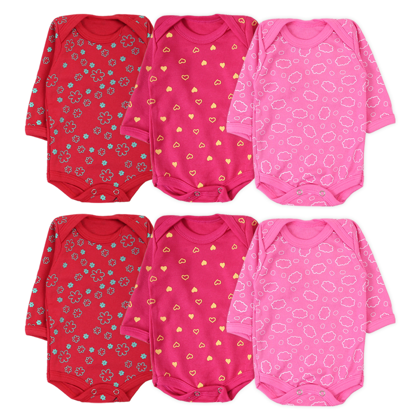 Kit Body Bebê Manga Longa Canelado Estampado - 06 Peças
